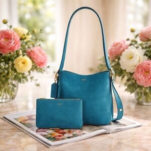 Coach Teal Leather Shoulder Bag with Wristlet - Women's Handbag